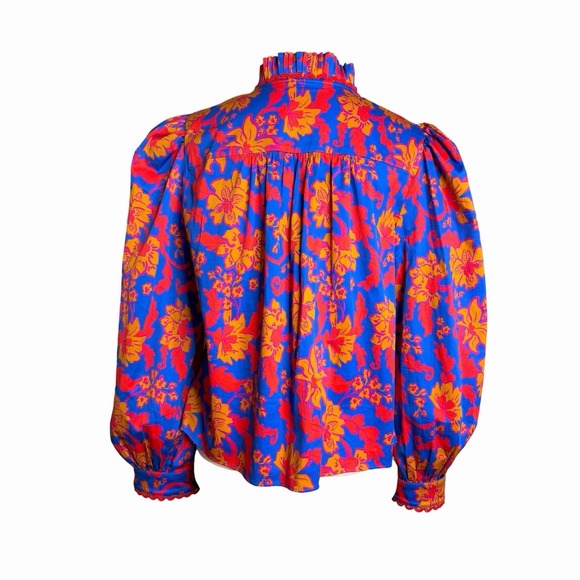 Alden Adair Oliver Top L Blue Red Floral Pleated Puff Sleeve Boho Blouse - Picture 5 of 12